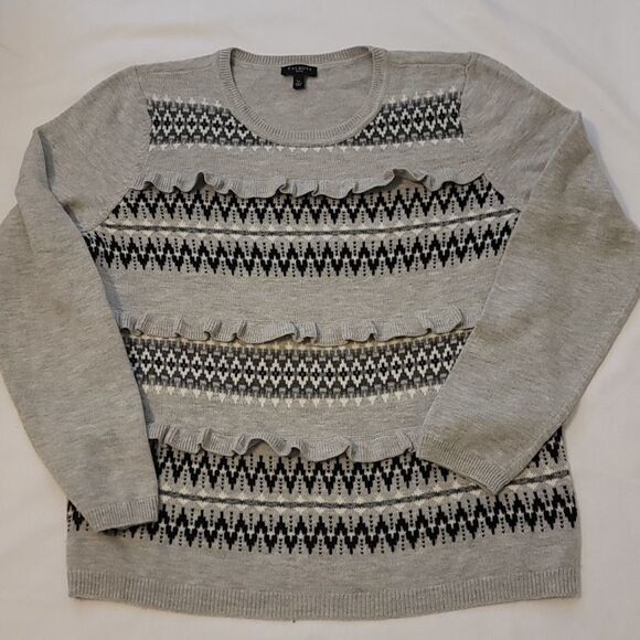 Talbots Woman Size large Gray Lambs Wool/Blend Sweater Ruffle & Stripe Detailing - Picture 1 of 8